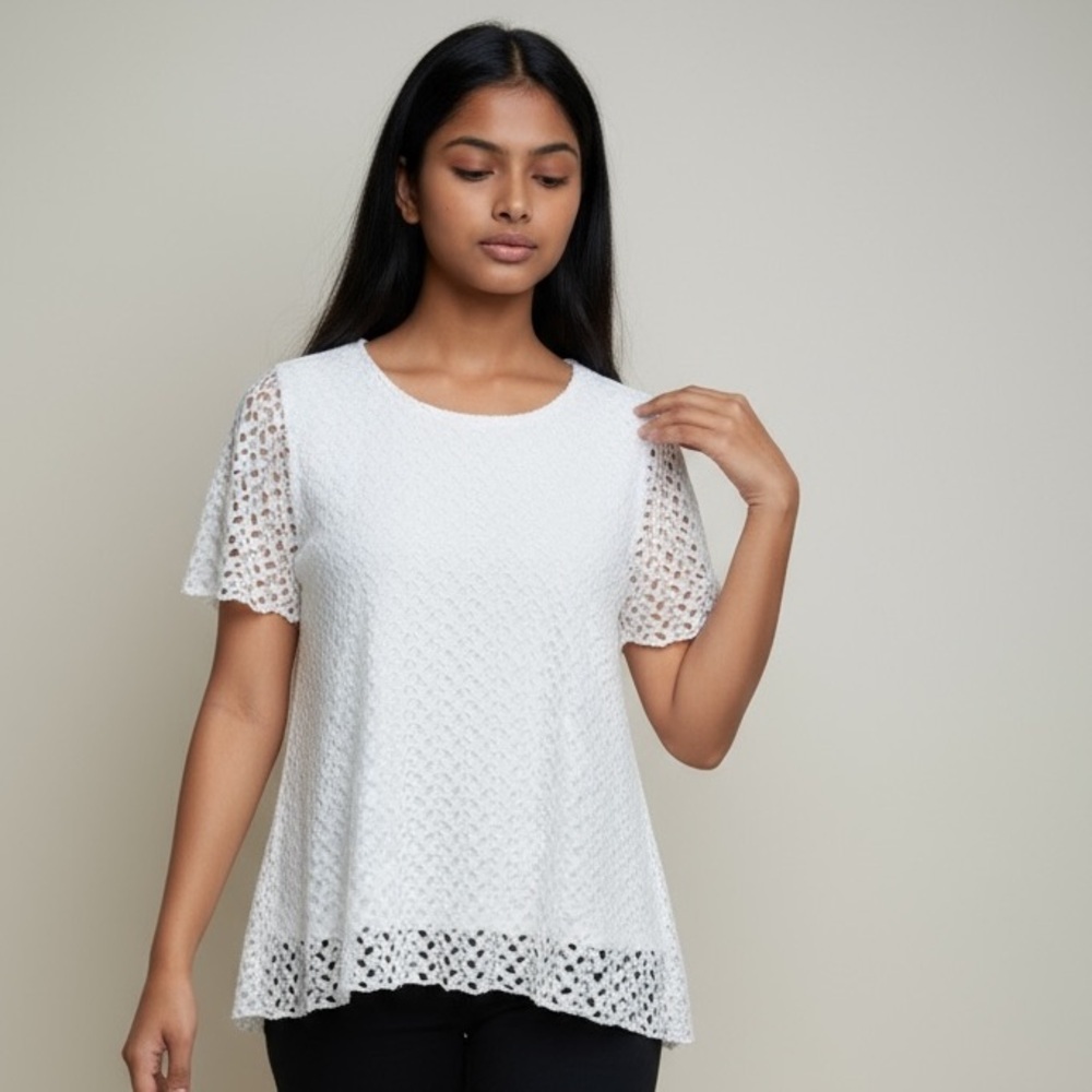 ROZ and ALI ladies white lace lined short sleeve blouse XL perfect condition